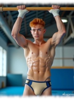 Rothaariger Twink in Sporthalle am Reck, Shorts mit leichter Auswölbung. Rothaariger Twink in Sporthalle am Reck, Shorts mit leichter Auswölbung.