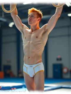 Ginger Men in Sporthalle an den Ringen, weiße Shorts mit dezenter Linie im Stoffverlauf. Ginger Men in Sporthalle an den Ringen, weiße Shorts mit dezenter Linie im Stoffverlauf.