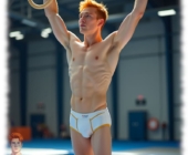 Ginger Men in Sporthalle an den Ringen, weiße Shorts mit dezenter Linie im Stoffverlauf. Ginger Men in Sporthalle an den Ringen, weiße Shorts mit dezenter Linie im Stoffverlauf.