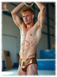 Ginger Men in Sporthalle, nackter Oberkörper, goldfarbener Short mit geformter Stelle im Gewebe. Ginger Men in Sporthalle, nackter Oberkörper, goldfarbener Short mit geformter Stelle im Gewebe.