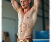 Ginger Men in Sporthalle, nackter Oberkörper, goldfarbener Short mit geformter Stelle im Gewebe. Ginger Men in Sporthalle, nackter Oberkörper, goldfarbener Short mit geformter Stelle im Gewebe.