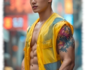 Muskulöser asiatischer Bauarbeiter mit Helm und geöffneter Weste. Muskulöser asiatischer Bauarbeiter mit Helm und geöffneter Weste.