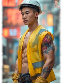 Muskulöser asiatischer Bauarbeiter mit Helm und geöffneter Weste. Muskulöser asiatischer Bauarbeiter mit Helm und geöffneter Weste.