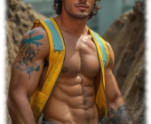 Braungebrannter Bauarbeiter steht im Schacht, Hose und Weste offen, erhabene Statue ragt hervor. Braungebrannter Bauarbeiter steht im Schacht, Hose und Weste offen, erhabene Statue ragt hervor.