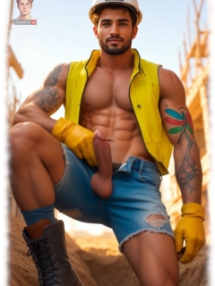 Braungebrannter Bauarbeiter steht auf der Straße, Hose und Weste offen, zeigefreudig in Pose. Braungebrannter Bauarbeiter steht auf der Straße, Hose und Weste offen, zeigefreudig in Pose.