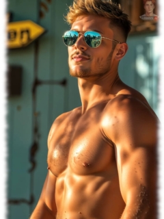 Rothaariger Twink mit Sonnenbrille und 3-Tage-Bart, freier Oberkörper. Rothaariger Twink mit Sonnenbrille und 3-Tage-Bart, freier Oberkörper.