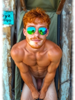 Rothaariger Twink mit Sonnenbrille und 3-Tage-Bart, Lustpendel leicht zwischen den Oberschenkeln eingeklemmt. Rothaariger Twink mit Sonnenbrille und 3-Tage-Bart, Lustpendel leicht zwischen den Oberschenkeln eingeklemmt.