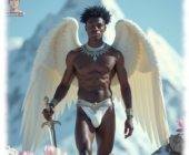 Dunkelhäutiger Engel, Schwert in der Hand mit sündiger Auswölbung im Slip. Dunkelhäutiger Engel, Schwert in der Hand mit massiver Flammenlanze und kraftvollen Kugeln.