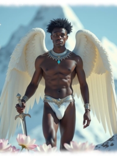 Dunkelhäutiger Engel, Schwert in der Hand mit sündiger Auswölbung im Slip. Dunkelhäutiger Engel, Schwert in der Hand mit massiver Flammenlanze und kraftvollen Kugeln.