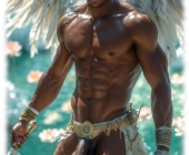 Nackter dunkelhäutiger Engel, Schwert in der Hand mit massiver Flammenlanze und kraftvollen Kugeln. Nackter dunkelhäutiger Engel, Schwert in der Hand mit massiver Flammenlanze und kraftvollen Kugeln.