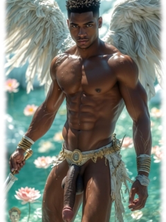 Nackter dunkelhäutiger Engel, Schwert in der Hand mit massiver Flammenlanze und kraftvollen Kugeln. Nackter dunkelhäutiger Engel, Schwert in der Hand mit massiver Flammenlanze und kraftvollen Kugeln.