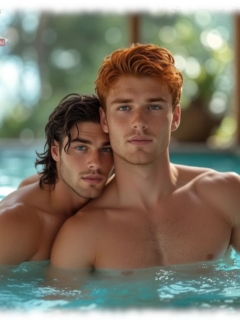 Nahaufnahme, ein schwarz- und ein rothaariger Mann bis zur Brust im Wasser stehend. Nahaufnahme, ein schwarz- und ein rothaariger Mann bis zur Brust im Wasser stehend.