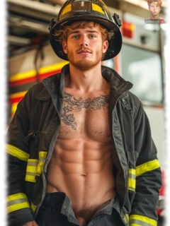 Rothaariger, bärtiger Feuerwehr-Mann mit leicht geöffneter Hose. Rothaariger, bärtiger Feuerwehr-Mann mit leicht geöffneter Hose.