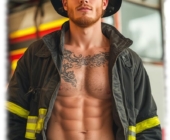 Rothaariger, bärtiger Feuerwehr-Mann mit leicht geöffneter Hose. Rothaariger, bärtiger Feuerwehr-Mann mit leicht geöffneter Hose.