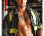 Feuerwehr-Mann mit geöffneter Hose, sein Funke des Eros liegt darüber. Feuerwehr-Mann mit geöffneter Hose, sein Funke des Eros liegt darüber.