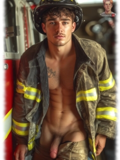 Junger Feuerwehr-Mann mit geöffneter Hose gibt Blick auf seinen Herold der Sehnsucht frei. Junger Feuerwehr-Mann mit geöffneter Hose gibt Blick auf seinen Herold der Sehnsucht frei.