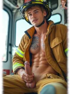 Junger Feuerwehr-Mann umfasst sein eisernes Zepter und zeigt seine Glücksperlen. Junger Feuerwehr-Mann umfasst sein eisernes Zepter und zeigt seine Glücksperlen.