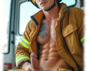 Junger Feuerwehr-Mann umfasst sein eisernes Zepter und zeigt seine Glücksperlen. Junger Feuerwehr-Mann umfasst sein eisernes Zepter und zeigt seine Glücksperlen.