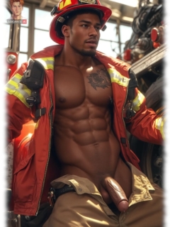 Feuerwehr-Mann, seine Rosenranke der Leidenschaft ragt aus geöffneter Hose. Feuerwehr-Mann, seine Rosenranke der Leidenschaft ragt aus geöffneter Hose.