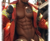 Feuerwehr-Mann, seine Rosenranke der Leidenschaft ragt aus geöffneter Hose. Feuerwehr-Mann, seine Rosenranke der Leidenschaft ragt aus geöffneter Hose.