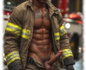 Dunkelhäutiger Feuerwehr-Mann, massiv eisernes Zepter und Flammenäpfel über geöffneter Hose. Dunkelhäutiger Feuerwehr-Mann, massiv eisernes Zepter und Flammenäpfel über geöffneter Hose.