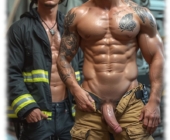 Zwei Feuerwehr-Männer, Einer mit geöffneter Hose und massivem Lustpendel. Zwei Feuerwehr-Männer, Einer mit geöffneter Hose und massivem Lustpendel.