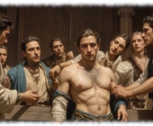 Gruppe junger Männer, einer im Zentrum mit behaartem freien Oberkörper. Gruppe junger Männer, einer im Zentrum mit behaartem freien Oberkörper.