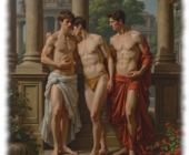 Drei Männer leicht bekleidet vor Säulen stehend, sich teilweise umarmend. Drei Männer leicht bekleidet vor Säulen stehend, sich teilweise umarmend.