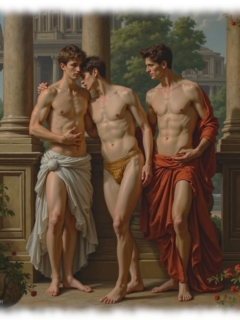 Drei Männer leicht bekleidet vor Säulen stehend, sich teilweise umarmend. Drei Männer leicht bekleidet vor Säulen stehend, sich teilweise umarmend.