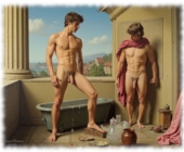 Zwei Männer im Badebereich an Wasserbecken, beschauen gegenseitig ihre Juwelen der Liebe. Zwei Männer im Badebereich an Wasserbecken, beschauen gegenseitig ihre Juwelen der Liebe.