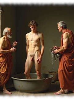 Drei Männer im Badebereich an Wasserbecken, einer nackt im Wasser. Drei Männer im Badebereich an Wasserbecken, einer nackt im Wasser.