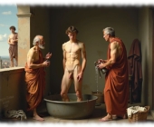 Drei Männer im Badebereich an Wasserbecken, einer nackt im Wasser. Drei Männer im Badebereich an Wasserbecken, einer nackt im Wasser.