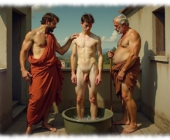 Drei Männer auf Dachterrasse an Wasserbecken, teils mit Tüchern umhüllt, einer nackt im Wasser. Drei Männer auf Dachterrasse an Wasserbecken, teils mit Tüchern umhüllt, einer nackt im Wasser.