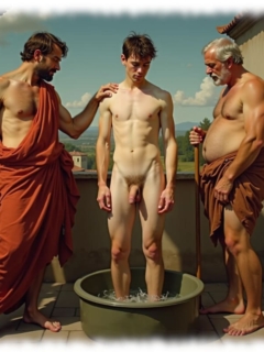 Drei Männer auf Dachterrasse an Wasserbecken, teils mit Tüchern umhüllt, einer nackt im Wasser. Drei Männer auf Dachterrasse an Wasserbecken, teils mit Tüchern umhüllt, einer nackt im Wasser.