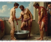 Drei Männer auf Dachterrasse an Wasserbecken stehend, teils mit Tüchern umhüllt. Drei Männer auf Dachterrasse an Wasserbecken stehend, teils mit Tüchern umhüllt.