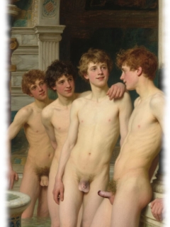 Vier Jünglinge in antikem Bad stehend, ihre Funken des Eros teilweise sichtbar. Vier Jünglinge in antikem Bad stehend, ihre Funken des Eros teilweise sichtbar.