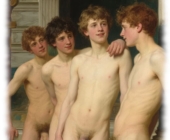 Vier Jünglinge in antikem Bad stehend, ihre Funken des Eros teilweise sichtbar. Vier Jünglinge in antikem Bad stehend, ihre Funken des Eros teilweise sichtbar.