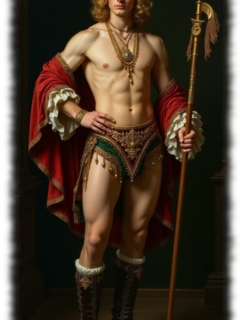 Junger Mann mit Hut und Speer in der Hand, freier Oberkörper, Tuch über den Unterarmen. Junger Mann mit Hut und Speer in der Hand, freier Oberkörper, Tuch über den Unterarmen.