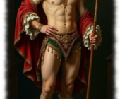 Junger Mann mit Hut und Speer in der Hand, freier Oberkörper, Tuch über den Unterarmen. Junger Mann mit Hut und Speer in der Hand, freier Oberkörper, Tuch über den Unterarmen.