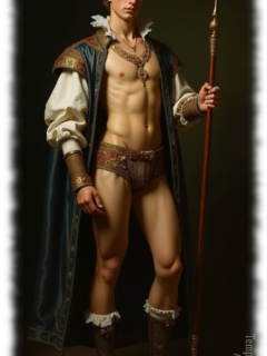 Junger Mann mit Hut, Speer in der Hand, lustvoller Hügel in der Hose. Junger Mann mit Hut, Speer in der Hand, lustvoller Hügel in der Hose.