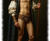 Junger Mann mit Hut, Speer in der Hand, lustvoller Hügel in der Hose. Junger Mann mit Hut, Speer in der Hand, lustvoller Hügel in der Hose.