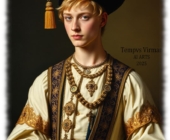 Junger blonder Mann mit Hut, kunstvolles Gewandt und Halsschmuck. Junger blonder Mann mit Hut, kunstvolles Gewandt und Halsschmuck.