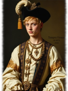 Junger blonder Mann mit Hut, kunstvolles Gewandt und Halsschmuck. Junger blonder Mann mit Hut, kunstvolles Gewandt und Halsschmuck.