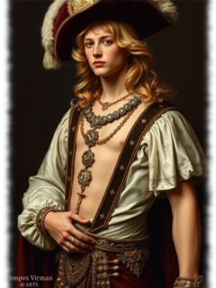 Junger lockiger Mann mit Hut, geöffnetes Oberteil und massiver Halsschmuck. Junger lockiger Mann mit Hut, geöffnetes Oberteil und massiver Halsschmuck.