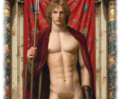 Junger lockiger Mann, Lanze in der Hand, üppiger Lockenwald über seinem Schalkspfeil. Junger lockiger Mann, Lanze in der Hand, üppiger Lockenwald über seinem Schalkspfeil.