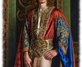 Junger lockiger Mann, sein offenes Gewand gibt seine Bacchusfackel frei. Junger lockiger Mann, sein offenes Gewand gibt seine Bacchusfackel frei.