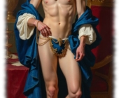 Junger Mann, blaues Tuch um den Schultern, Lust zeichnete sich in Umrissen ab. Junger Mann, blaues Tuch um den Schultern, Lust zeichnete sich in Umrissen ab.