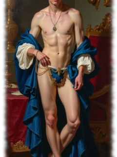 Junger Mann, blaues Tuch um den Schultern, Lust zeichnete sich in Umrissen ab. Junger Mann, blaues Tuch um den Schultern, Lust zeichnete sich in Umrissen ab.