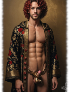 Junger rothaariger Lockenkopf, zeigt im offenen Gewand seine Zauberlanze, leicht in Käfig gefangen. Junger rothaariger Lockenkopf, zeigt im offenen Gewand seine Zauberlanze, leicht in Käfig gefangen.