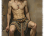 Junger langhaariger Mann, sitzend, Tücher um seinen Hüften. Junger langhaariger Mann, sitzend, Tücher um seinen Hüften.